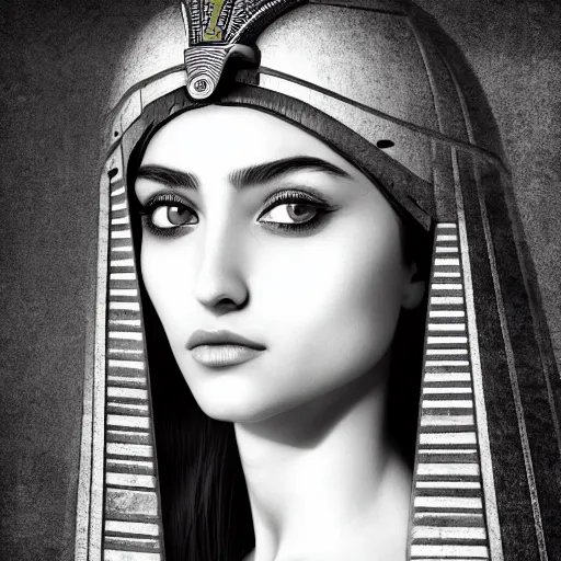 Image similar to high-quality beautifully done centered portrait of a pretty female from an Ancient Egypt::trending on artstation, featured on behance::art by Artgerm and Alessio Albi and Heather Theurer::natural lighting, identical eyes, beautiful eyes medium shot, slender symmetrical face and body, hyper-detailed, single face, insanely detailed and intricate, 4K, 8K