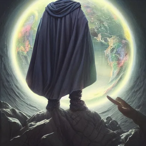 Image similar to the creator of worlds wearing a cloak and holding a holographic planet projection in his hand, face covered in cloth, detailed, sci - fi, digital painting, artstation, sharp focus, illustration, ominous, artgerm, tomasz alen kopera, peter mohrbacher, donato giancola, joseph christian leyendecker, wlop, frank frazetta