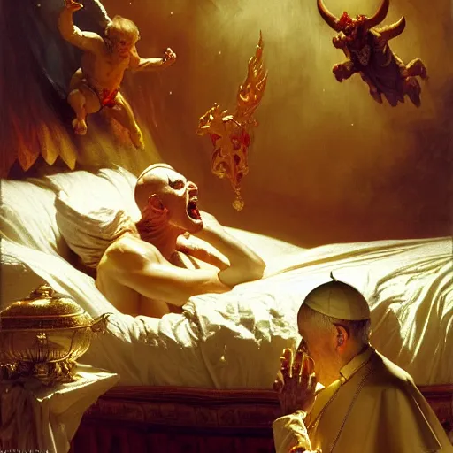 Image similar to the pope is in his bed, nervous and terrified, because a double horned shadow figure from hell is attacking him. highly detailed painting by gaston bussiere, j. c. leyendecker, greg rutkowski, craig mullins 8 k