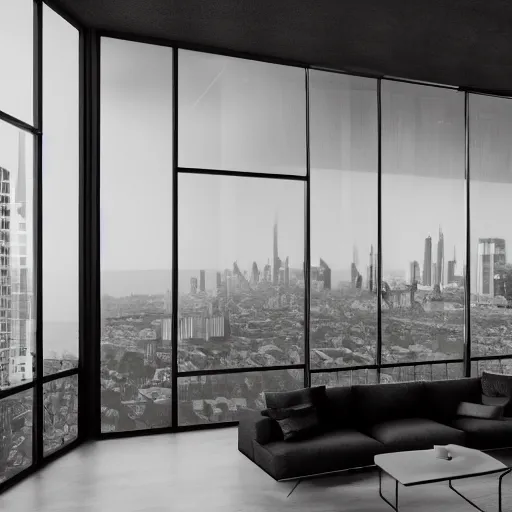 Image similar to brutalist penthouse open living room, big windows, showing city landscape on background, minimalist architecture, minimalist furniture, octane render, high quality, 8 k, post production