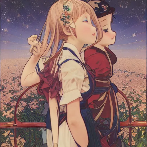 Prompt: two beautiful girls watching fireworks, digital art, by range murata, akiyuki shinbou, alphonse mucha, masamune shirow, josan gonzales, highly detailed, realistic, cinematic, trending on pixiv fanbox