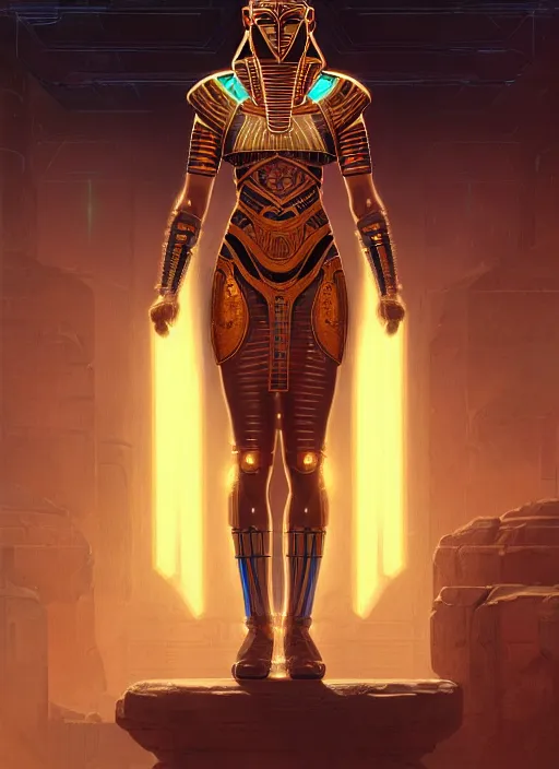 Image similar to Symmetry!! portrait of an ancient egyptian warrior, sci-fi armour, tech wear, glowing lights!! sci-fi, intricate, elegant, highly detailed, digital painting, artstation, concept art, smooth, sharp focus, illustration, art by artgerm and greg rutkowski and alphonse mucha