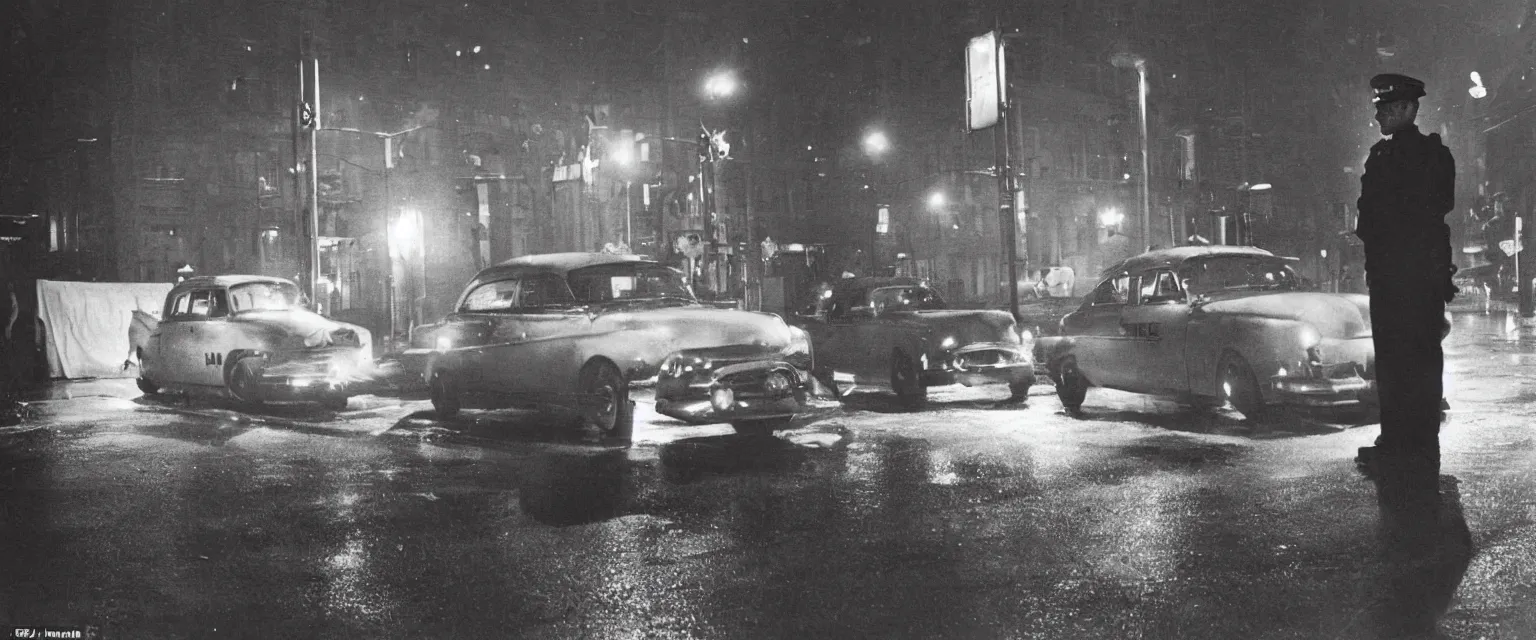 Image similar to weegee style photograph highly detailed of a a uniformed policeman circa 1 9 5 0 standing over a white body bag 1 9 5 5 police car in the rain at night lit by street lamps and headlights. behind the policeman