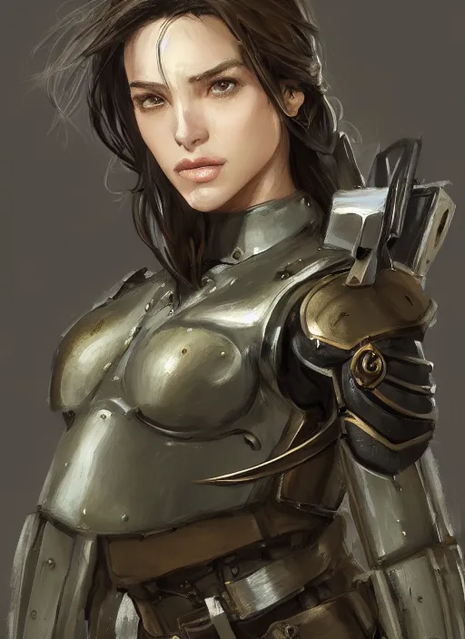 Prompt: a professionally painting of an attractive young female, partially dressed in military armor, olive skin, long dark hair, beautiful bone structure, perfectly proportioned, symmetrical facial features, intricate, elegant, heroic pose, digital painting, concept art, illustration, sketch-like, sharp focus, finely detailed, from Metal Gear, in the style of Ruan Jia and Mandy Jurgens and William-Adolphe Bouguerea