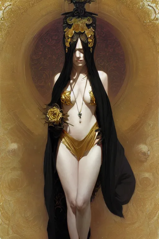 Prompt: Portrait of a Holy Necromancer, female, beautiful, golden robes, pearl white leggins, exquisite black accessories, golden corset, highly detailed, smooth, sharp focus, digital painting, illustration, fantasy, by Krenz Cushart and Artem Demura and alphonse mucha