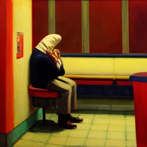 Image similar to a portrait of a vampire with a paper bag over his head, sitting in an 80s diner, painting in style of Edward Hopper, moody lighting, 4K,