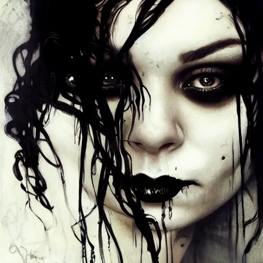 Image similar to beautiful portrait of vanessa hudgens as death from sandman, smiling, by cedric peyravernay, alphonse mucha, by jeremy mann, by lecouffe deharme, goth chic, soft lightning, eyeliner, punk rock, high detailed, 8 k