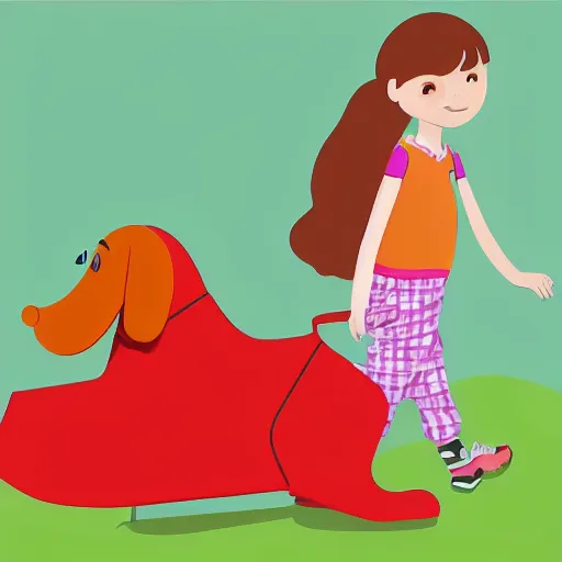 Prompt: girl carrying a large garbage bag while following clifford the big red dog, illustration,