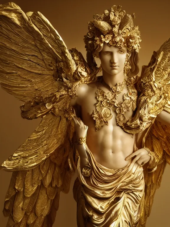 Prompt: a roman marble sculpture of handsome princess gilded in gold with wings, dressed in flower blossom, stands in the pose of a super hero on a golden stone, silk flowing fabric, Greek elements. full-length view. baroque element. intricate artwork by caravaggio. Trending on artstation. halo. octane render, cinematic, hyper realism, octane render, 8k, depth of field, bokeh. iridescent accents. vibrant color scheme