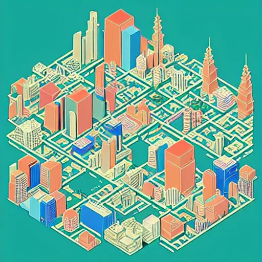 Prompt: isometric city by james jean, geometric, low poly