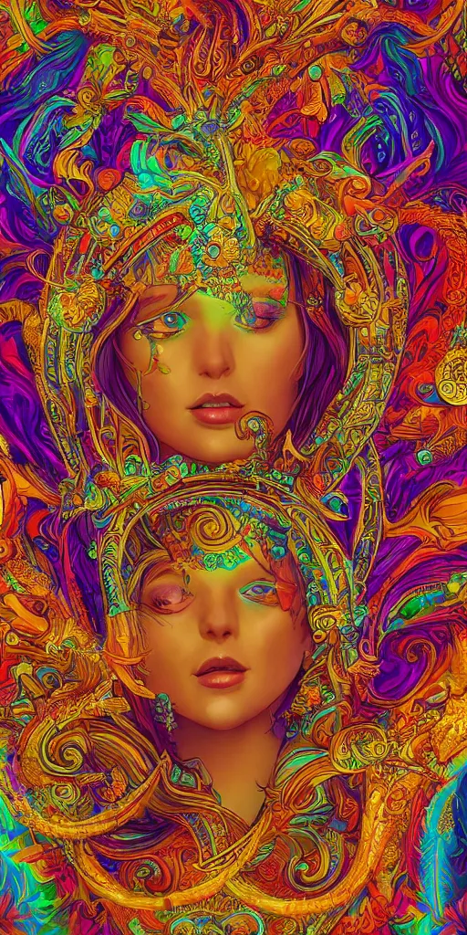 Prompt: 8k detailed psychedelic abstract illustration of a goddess projecting her dreams, detailed, intricate, elegant, highly detailed, digital painting, artstation, smooth, sharp focus