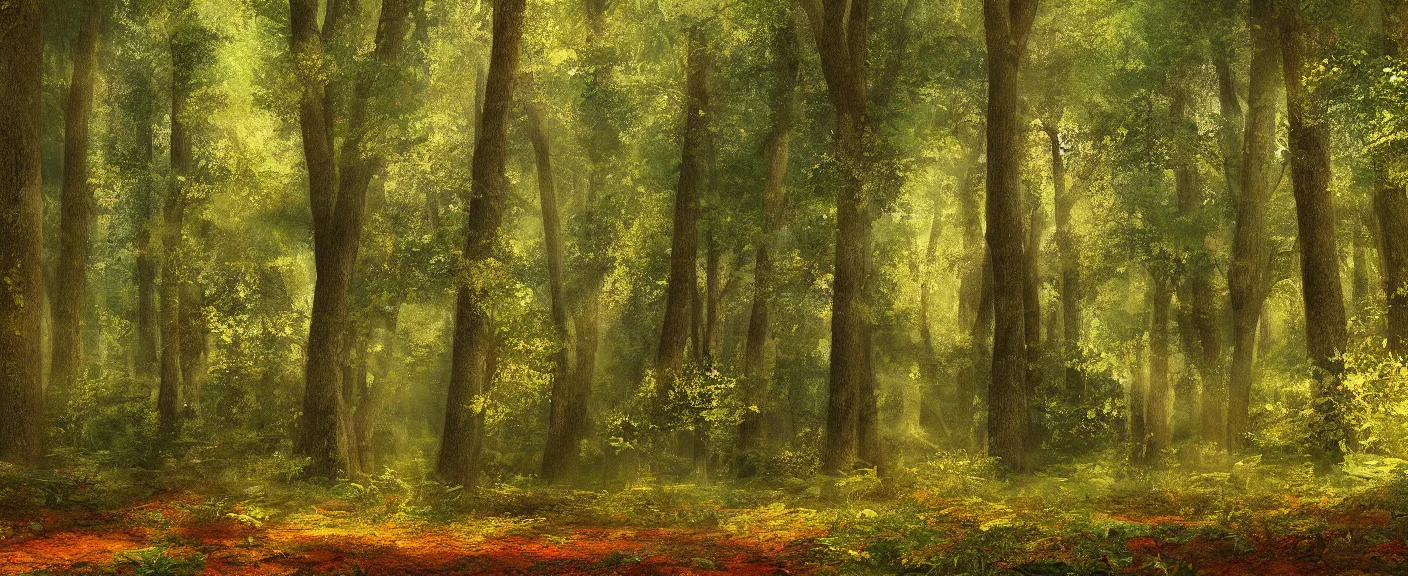 Image similar to a clearing in a forest, digital art, highly detailed, realistic, bright colors, 8 k