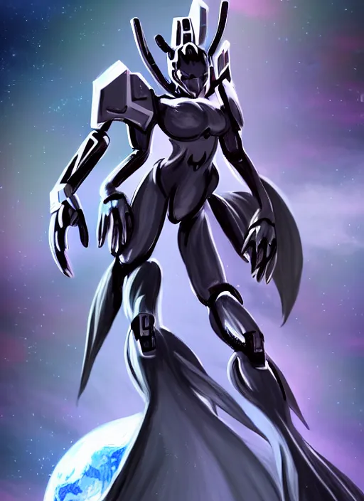 Image similar to cinematic goddess shot, cosmic sized perfectly proportioned stunning beautiful hot anthropomorphic robot mecha female dragon, dragon head, in empty space, floating, nebula sized, larger than galaxies, holding a tiny galaxy, silver, epic proportions, epic size, epic scale, furry art, macro art, dragon art, giantess art, warframe fanart, furaffinity, deviantart