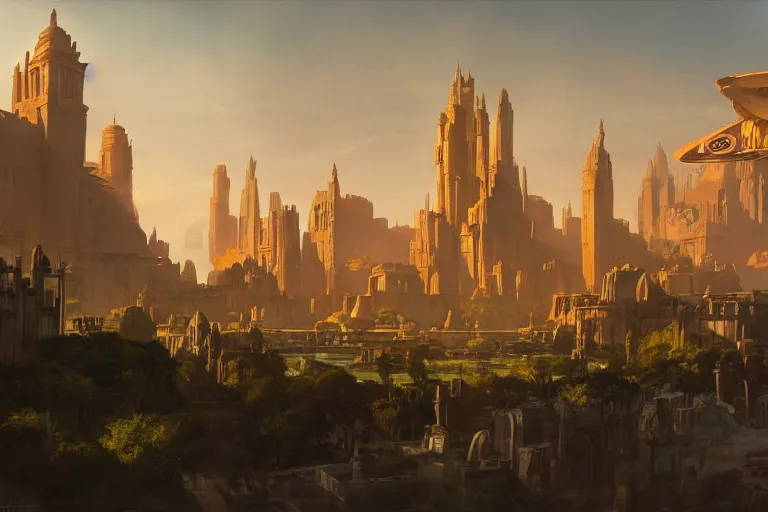 Prompt: city of theed on the planet naboo, star wars matte painting, long shot, concept art, wide shot, digital art, trending on artstation, 4 k, extremely detailed, realistic, midday, warm colors, golden sunlight, by greg rutkowski, cinematic, epic