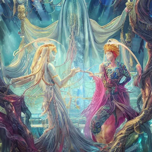 Image similar to A painting of priestesses worshipping at the jellyfish temple, shrouded in mist, jellyfish god, jellyfish priestess, jellyfish shrine maiden 8K, illustration, art by Artgerm and Justin Cheung and Gabriele Dell'Otto, smoke, undersea temple with fish, cinematic, insanely detailed and intricate, hypermaximalist, elegant, super detailed, award-winning, mauve and cinnabar and cyan, rainbow accents, mysterious, ancient, ritual, trending in cgsociety, artstation HQ, ornate, elite, haunting, matte painting, beautiful detailed, insanely intricate details, dreamy and ethereal, otherworldly