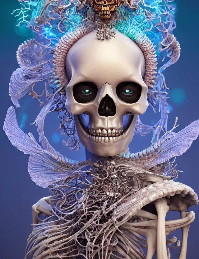 Image similar to 3 d goddess skeleton macro close - up portrait with crown made of ram skull. betta fish, jellyfish phoenix, bioluminiscent fire, plasma, ice, water, wind, creature, super intricate ornaments artwork by tooth wu and wlop and beeple and greg rutkowski