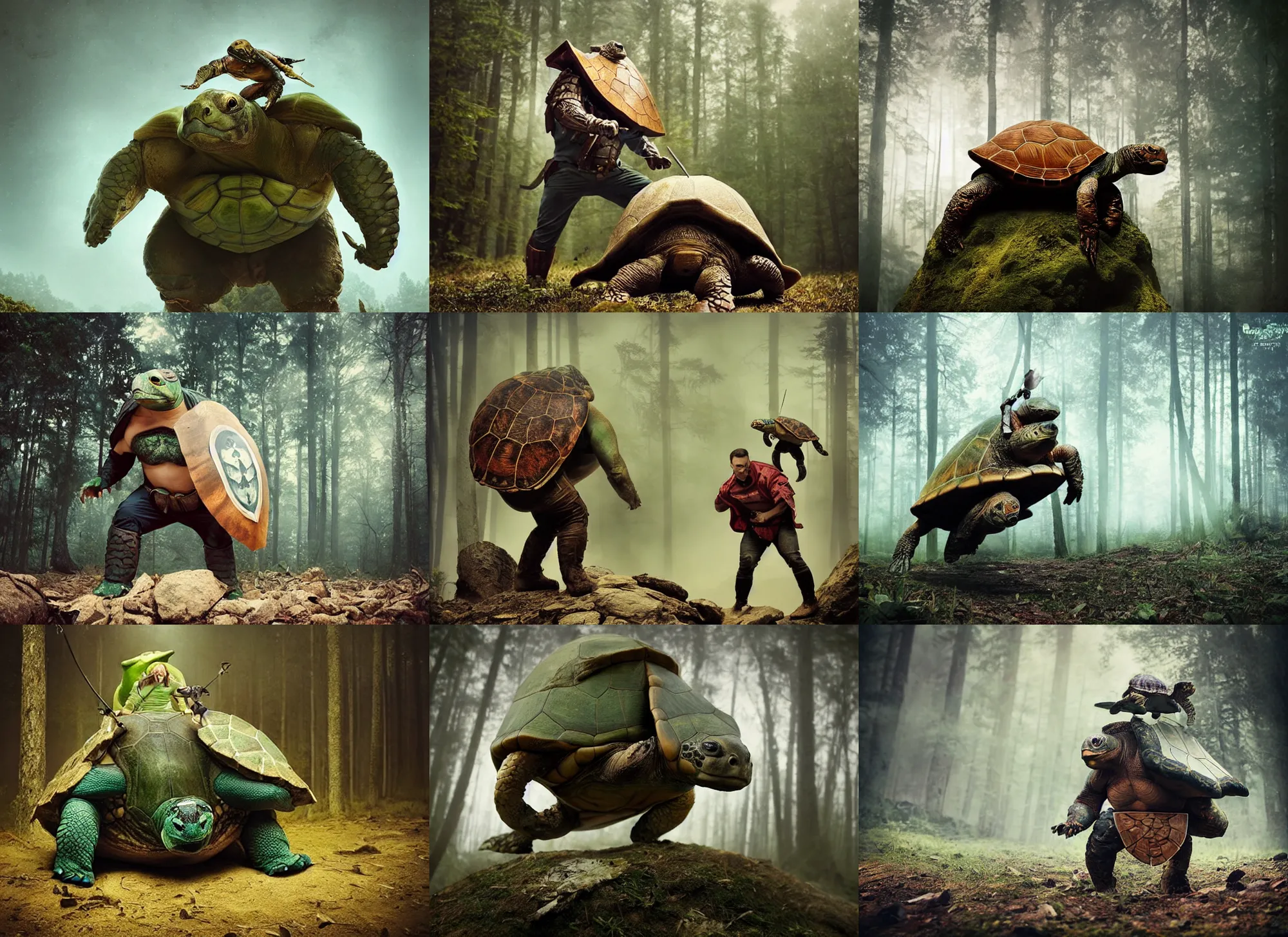 Prompt: a badass turtle fighter oversized hulked animal anthropomorphic with a shield made out of a turtle shell, on deep forest peak, action pose, cinematic focus, polaroid photo, vintage, soft lights, foggy, by oleg oprisco, by thomas peschak, by discovery channel, by victor enrich, by gregory crewdson