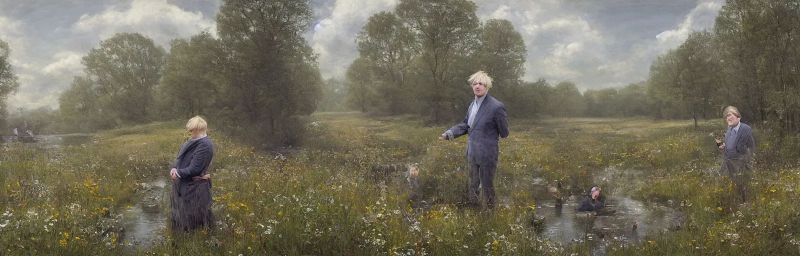 Image similar to A meadow with Boris Johnson standing in the middle of a stream, wide landscape, illustration, detailed, smooth, soft, warm, by Adolf Lachman, Shaun Tan, Surrealism