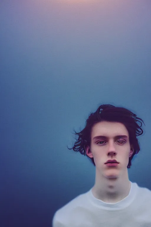 Image similar to high quality pastel coloured film mid angle selfie photograph of a beautiful young 2 0 year old male, soft features, black hair, standing in an icelandic black rock environment. atmospheric. three point light. photographic. art directed. ( pastel colours ). volumetric light. stark. waves glitch. 8 k. filmic.