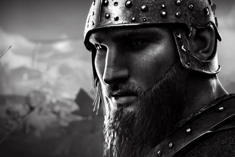 Prompt: still photo of viking warrior looking at the camera in a battlefield, black and white color aesthetic, highly detailed, photorealistic portrait, bright studio setting, studio lighting, crisp quality and light reflections, unreal engine 5 quality render