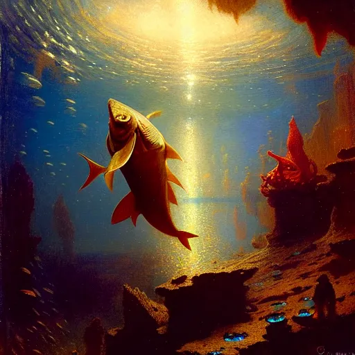 Image similar to point of view of deep in the ocean looking up, you see fishes, higher the milk way, night time, midnight. highly detailed painting by gaston bussiere, greg rutkowski 8 k