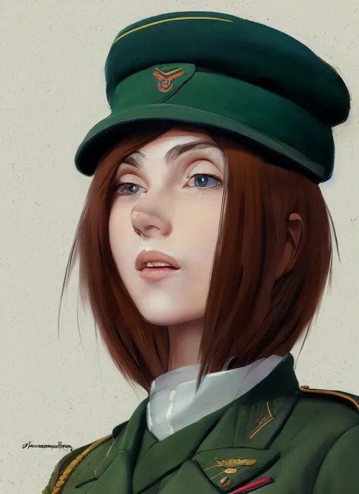 Image similar to portrait of young woman with light brown shoulder length hair and hazel eyes dressed in a sharp dark teal military uniform and beret, smiling, ilya kuvshinov, svetlana tigai, greg rutkowski, anime, digital art, painting