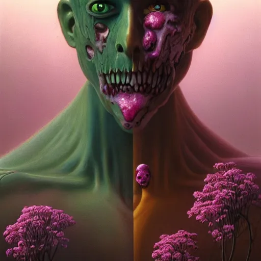 Image similar to a nature portrait of a p - zombie!!! natural lighting art dawn. highly detailed. colourful. moody. artstation, 4 k, by gerald brom zdzisław beksinski, and ansel adams and studio ghibli, horror, lots of sakura flowers, lovely