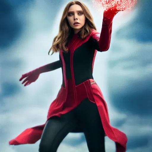 Image similar to elizabeth olsen artstation scarlet witch, floating in the air as she emanates magic from her palms, full - body portrait, 3 5 mm!!!!! photography, disdain facial expression, messy!!!!! hair, trending on artstation, photorealistic!!!!!, 4 k, 8 k