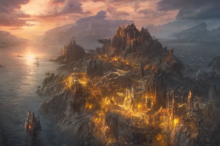 Image similar to high aerial shot, fantasy landscape, sunset lighting ominous shadows, cinematic fantasy painting, dungeons and dragons, a port city, harbor, bay, with an elvish fortress inspired by the syndey opera house by jessica rossier and brian froud