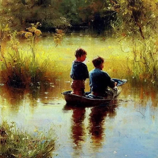 Image similar to painting of dad and son thinking together in boot on a calm lake, by pino daeni