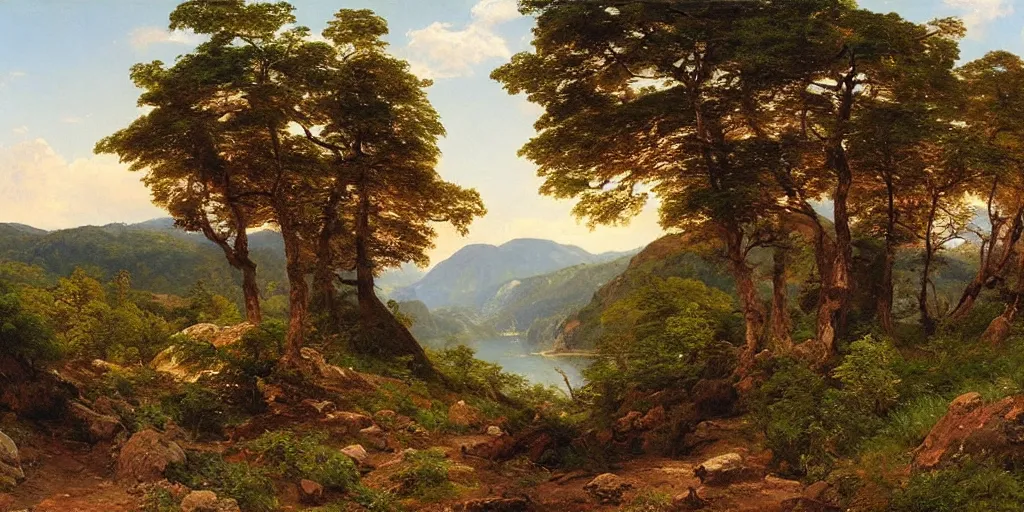 Image similar to a beautiful landscape painting of a rocky valley with patches of woodland, by frederic edwin church, oil on canvas, highly detailed, hd, 4 k