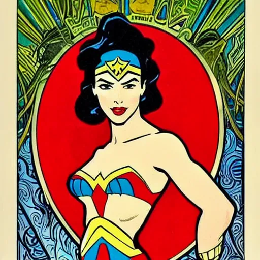 Prompt: wonder woman. well composed, clean elegant painting, beautiful detailed face. comic book art by steve ditko and jack kirby and ( alphonse mucha )