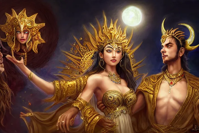 Image similar to close up moment of a divine a sun god and a moon goddess lovers magician at a wedding banquet, highly detailed, d & d, fantasy, highly detailed, digital painting, trending on artstation, concept art, sharp focus, asian feature, illustration, art by artgerm and daniel gerhartz and magali villeneuve