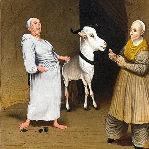 Image similar to a bizarre image of an old woman opening her throat and a goat walking into it