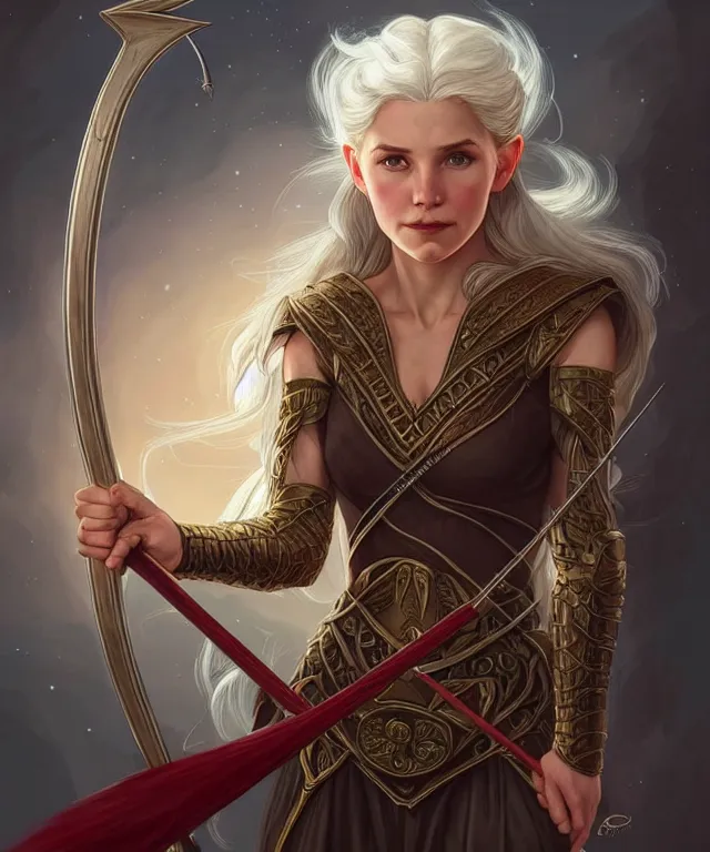 Prompt: ( ( ( aurora aksnes ) ) ) as a strong powerful angry fantasy elf with a bow and arrow, portrait, fantasy, intricate, elegant, highly detailed, digital painting, artstation, concept art, smooth, sharp focus, illustration, art by artgerm and larry elmore and alphonse mucha