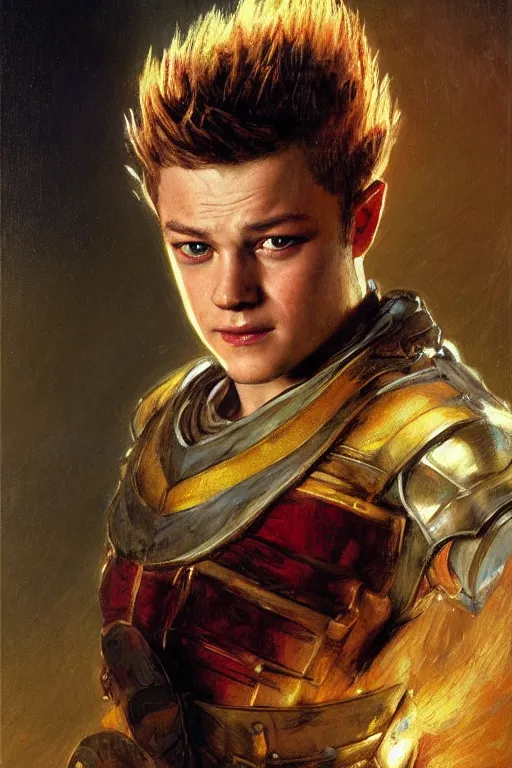 Image similar to portrait of taron egerton as prince vegeta. art by gaston bussiere.