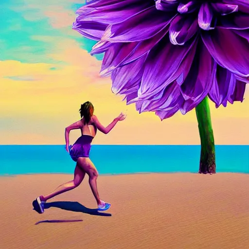 Image similar to portrait, giant purple dahlia flower head, woman running at the beach, surreal photography, sunrise, blue sky, dramatic light, impressionist painting, digital painting, artstation, simon stalenhag