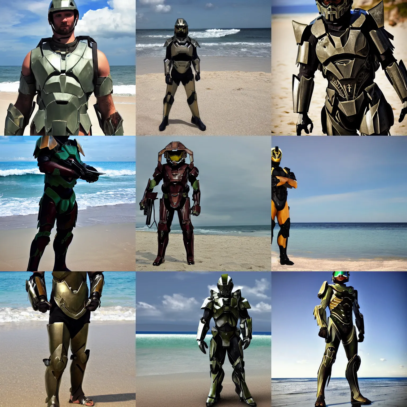 Prompt: beautiful picture of a man wearing a halo spartan armor swimsuit standing on the beach, halo, halo reach,