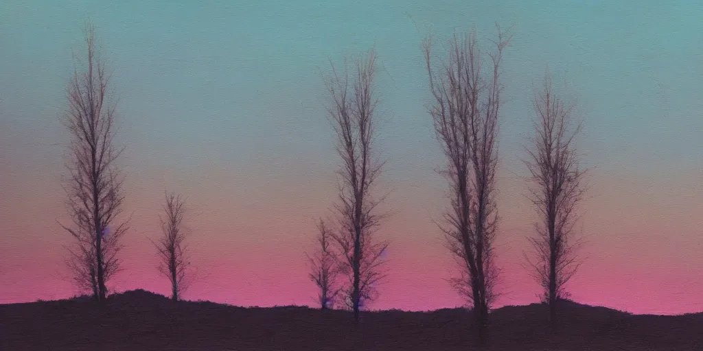 Prompt: everyday we drift further from reality, abstraction, trees, sunset