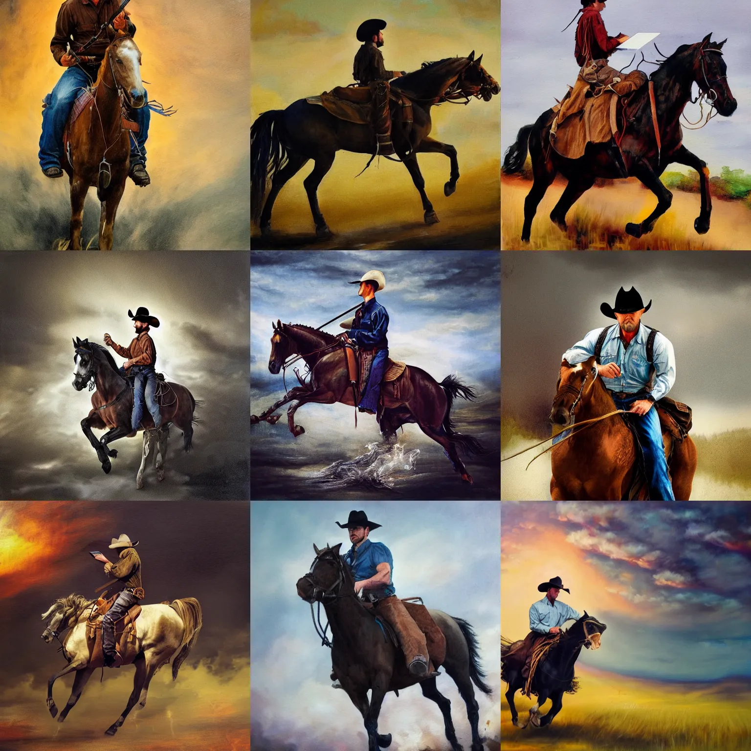 Prompt: book cover painting, dramatic shot of a cowboy armed with laptop computer riding a horse