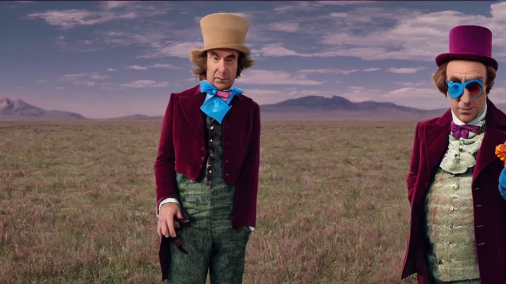 Prompt: saul goodman as Willy Wonka, film still from the movie directed by Denis Villeneuve with art direction by Salvador Dalí, wide lens