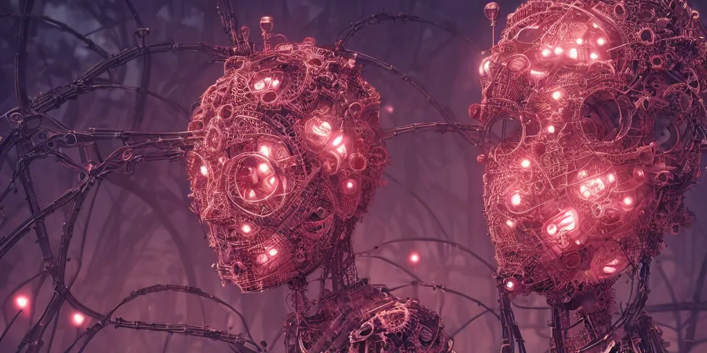 Prompt: a female saints rose robot head made of gears and wires is flying in the fantasy forest by merriam, daniel, intricate mechanical details, futuristic, 2 k aesthetic, dramatic lighting, concept art, 4 k, 3 d octane render, pink and red colors, provenance, detailed, trending on artstation