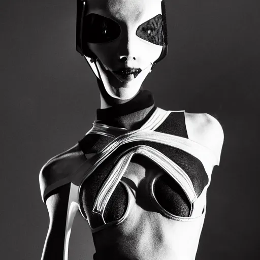 Image similar to fashion black and white photography of an extraterrestrial model, wearing a gaz mask, wearing demobaza fashion, inside berghain, berlin fashion, harness, futuristic fashion, dark minimal outfit, photo 3 5 mm leica, hyperdetail, berghain, 8 k, very detailed, photo by nick knight