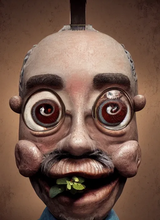 Image similar to closeup face profile portrait of a tin toy albert fish eating cakes, depth of field, zeiss lens, detailed, symmetrical, centered, fashion photoshoot, by nicoletta ceccoli, mark ryden, lostfish, breathtaking, 8 k resolution, extremely detailed, beautiful, establishing shot, artistic, hyperrealistic, octane render