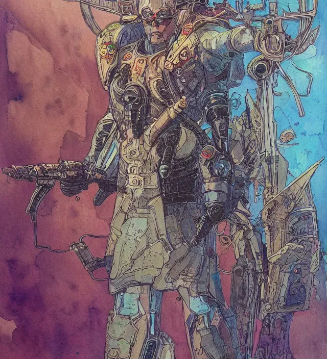 Image similar to a watercolor ink painting of a cyberpunk god of warfare and battle in the style of jean giraud in the style of moebius trending on artstation deviantart pinterest detailed realistic hd 8 k high resolution