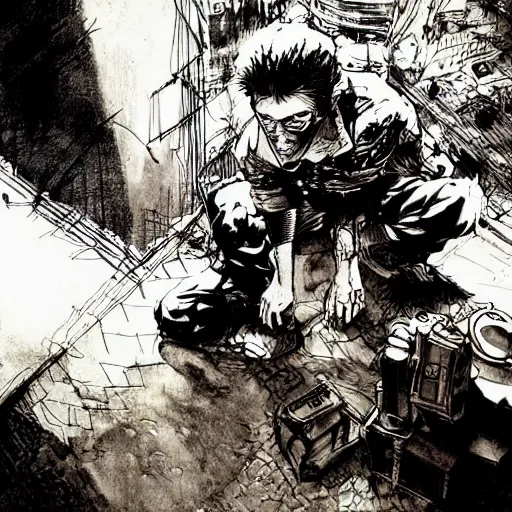 Image similar to frightened child, hiding under a table, concept art, intricate line drawings, pen and ink poster, in the style of yoji shinkawa, moebius comic, marc simonetti, miura