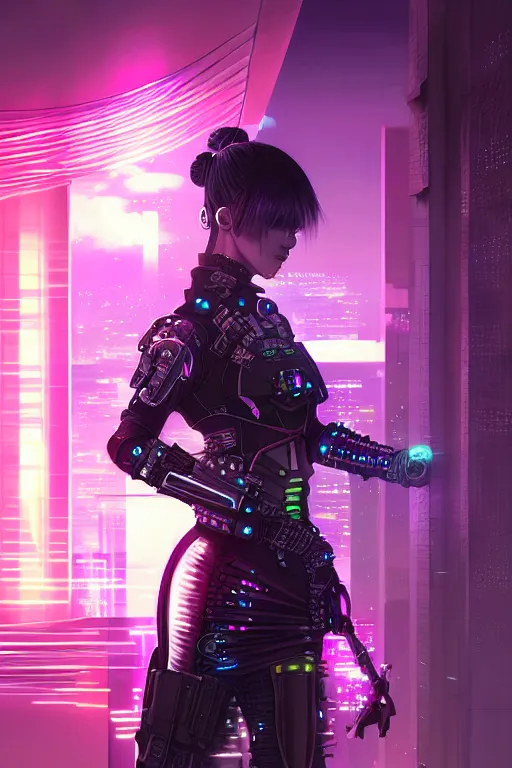 Image similar to portrait futuristic fabulous cyberpunk female samurai, in futuristic starlight galaxy tokyo rooftop cyberpunk night, ssci-fi, fantasy, intricate, very very beautiful, elegant, neon light, highly detailed, digital painting, artstation, concept art, soft light, hdri, smooth, sharp focus, illustration, art by tian zi and craig mullins and WLOP and alphonse mucha