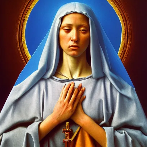 Prompt: Renaissance portrait of a holy catholic female saint, trending on art station, 4k UHD, 8k, painting illustration, high detail by zdzisław beksiński