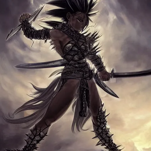 Image similar to realistic art style, warrior girl, wild spiky black saiyan hair, long spiky hair, electrified hair, holding scimitar made of bone, scimitar, sword, jagged sword, curved sword, orkish sword, colorized, gray skin, hyper - detailed, primeval fantasy, prehistoric fantasy, art by jacques - louis david