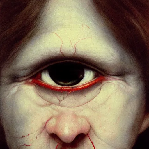 Image similar to high quality high detail painting by gottfried helnwein and lucian freud, hd, portrait of a dangerous psychopath, intense demonic look in the eyes, photorealistic lighting